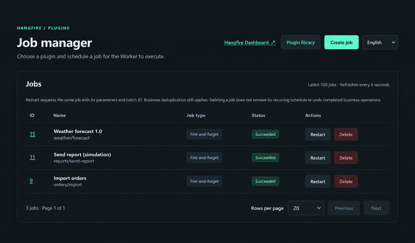 Dark-theme design preview of HangfireDemo job manager showing scheduled jobs and execution states