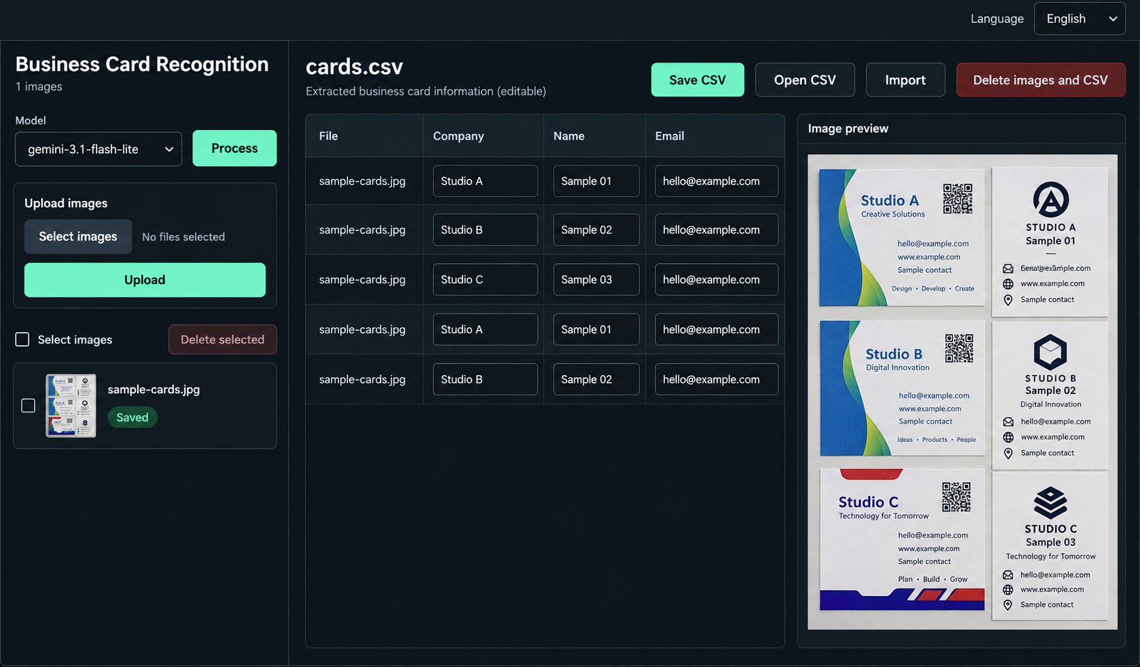 Business card extraction and CSV review interface