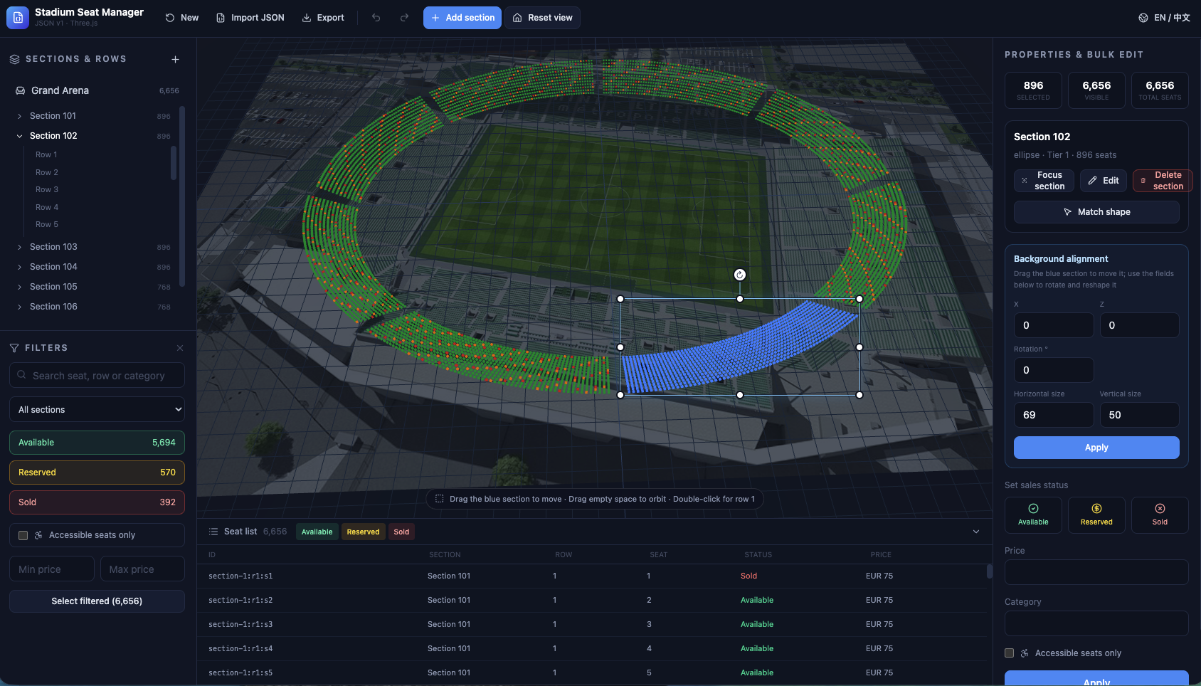 3D stadium with individually colored seats