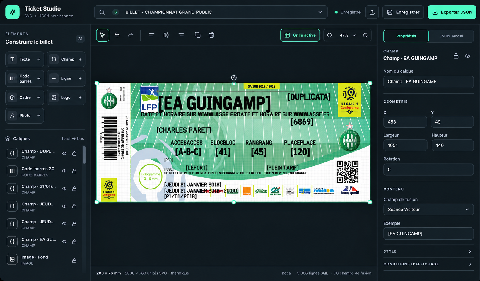Dark-theme design preview of Ticket Éditeur with ticket canvas, layers, and property panels