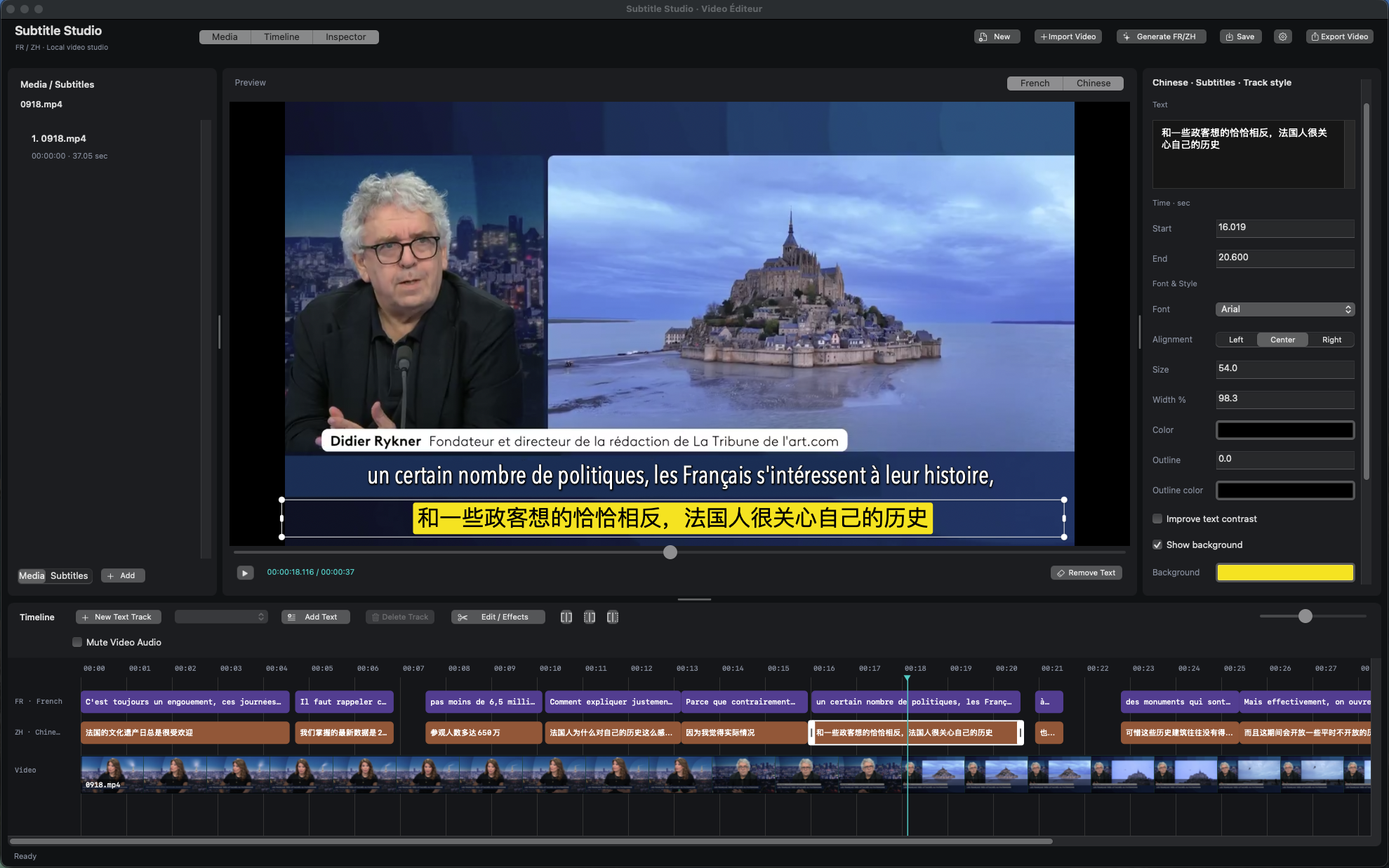Video editor with French and Chinese subtitle tracks